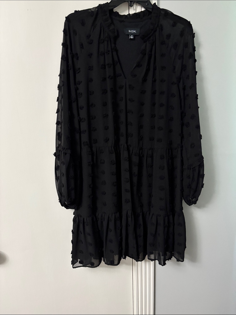 MSK Black Textured Long Sleeve Tiered Mini Dress with Ruffle Trim